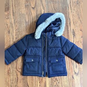 Janie & Jack - 2T - kids Winter Navy Puffer Jacket with Removable Hoodie